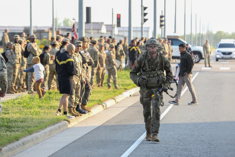 U.S. and ROK soldiers participate in the final 12-mile ruck march for E3B.