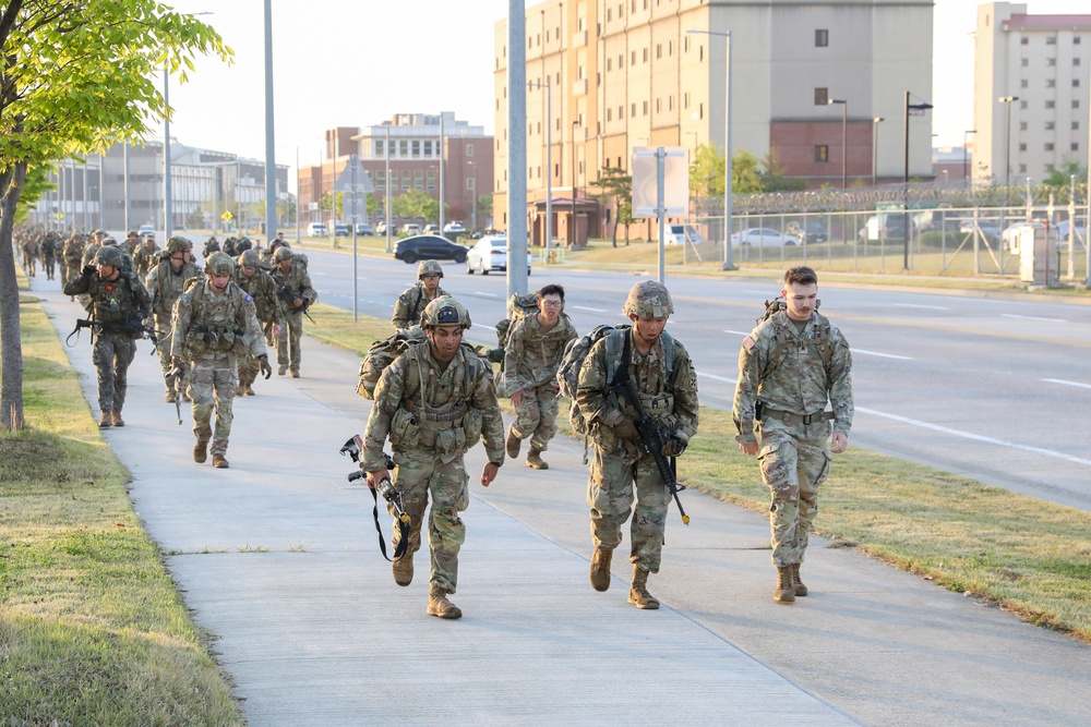 U.S. and ROK soldiers participate in the final 12-mile ruck march for E3B.