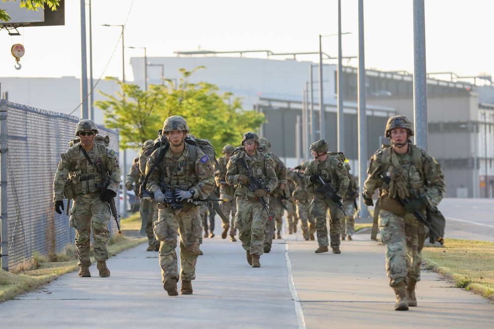 U.S. and ROK soldiers participate in the final 12-mile ruck march for E3B.