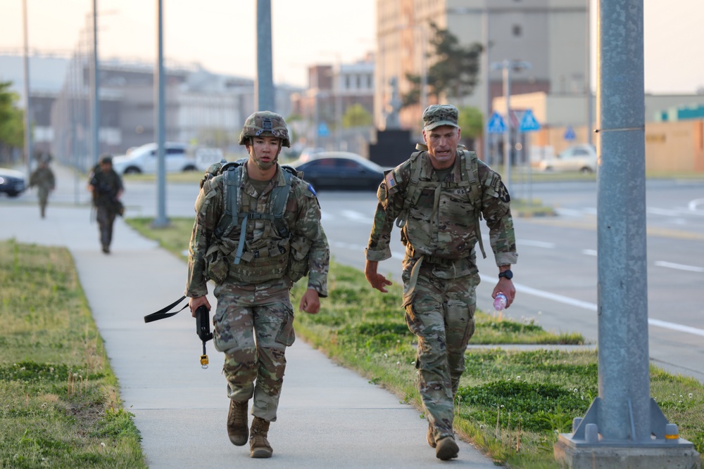 U.S. and ROK soldiers participate in the final 12-mile ruck march for E3B.