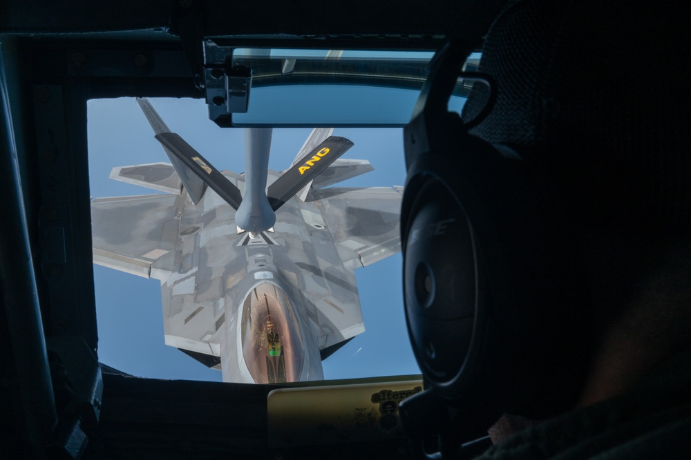 171st ARW refuels 192nd Wing and 1st Fighter Wing F-22 Raptors