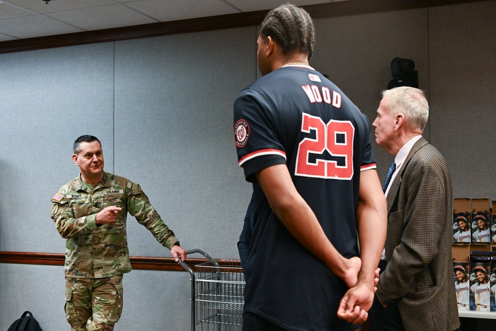 Washington Nationals player, James Wood, visits the pentagon