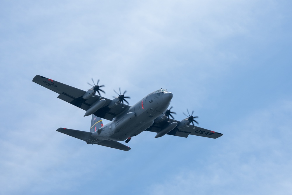 A C-130 (MAFFS 1) from Wyoming Air National Guard's 153rd Airlift Wing does a dry pass prior to performing a water drop April 24, 2025, during Modular Airborne Fire Fighting System (MAFFS) Spring Training 2025