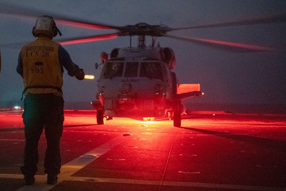 Balikatan 25: USS Savannah (LCS 28) Sailors Assist with Flight Quarters During Cross-Deck Landing &amp; Night Landing Qualifications