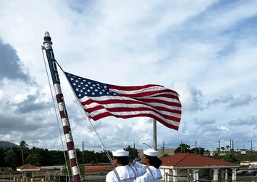 USS Michael Monsoor Conducts Morning Colors at Naval Base Guam