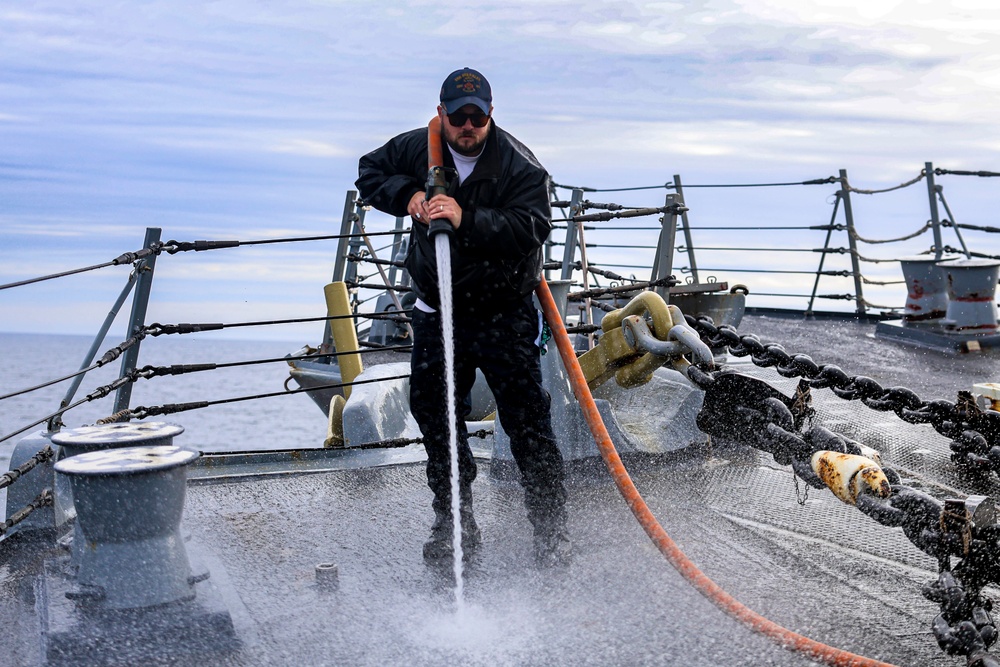 Fresh-water washdown aboard the USS Bulkeley