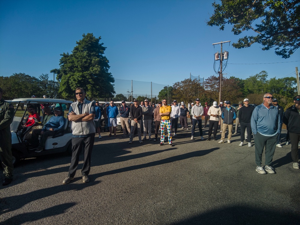 Rear Adm. Doug Verissimo speaks at the Sewell's Point Golf Course