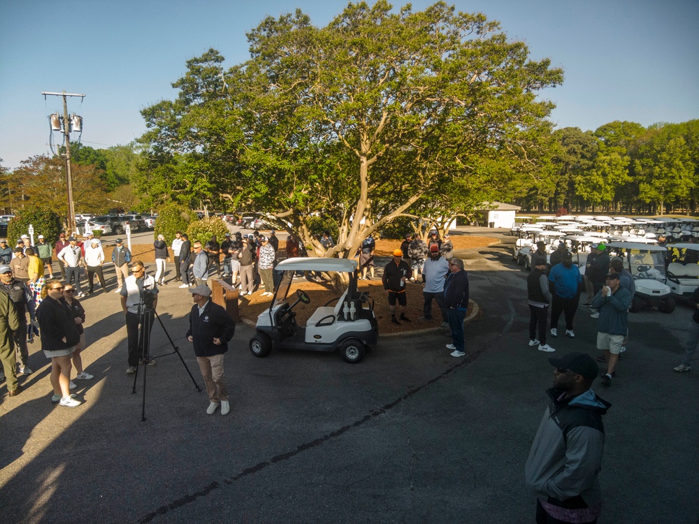 Rear Adm. Doug Verissimo speaks at the Sewell's Point Golf Course