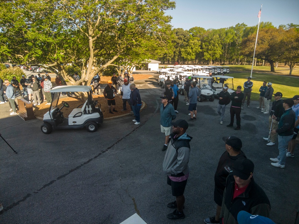 Rear Adm. Doug Verissimo speaks at the Sewell's Point Golf Course