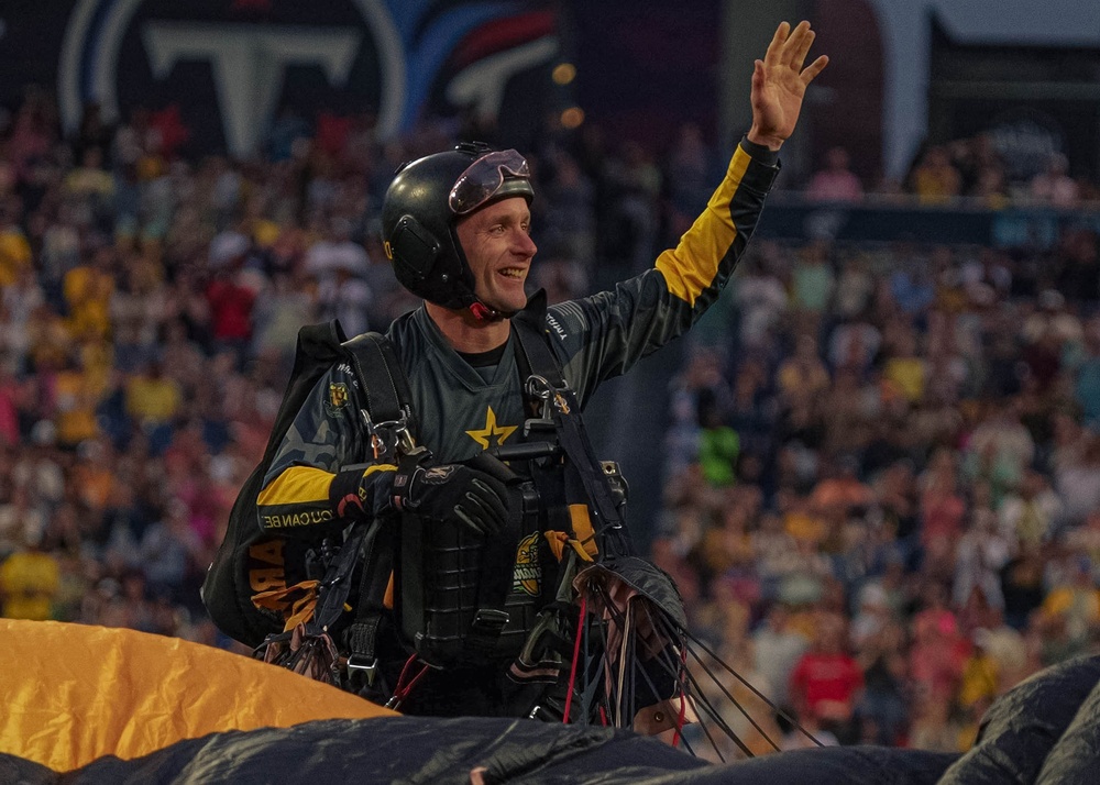U.S. Army Parachute Team Skydives Into Nissan Stadium For Savannah Bananas Ballgame