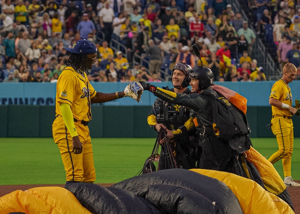 U.S. Army Parachute Team Skydives Into Nissan Stadium For Savannah Bananas Ballgame