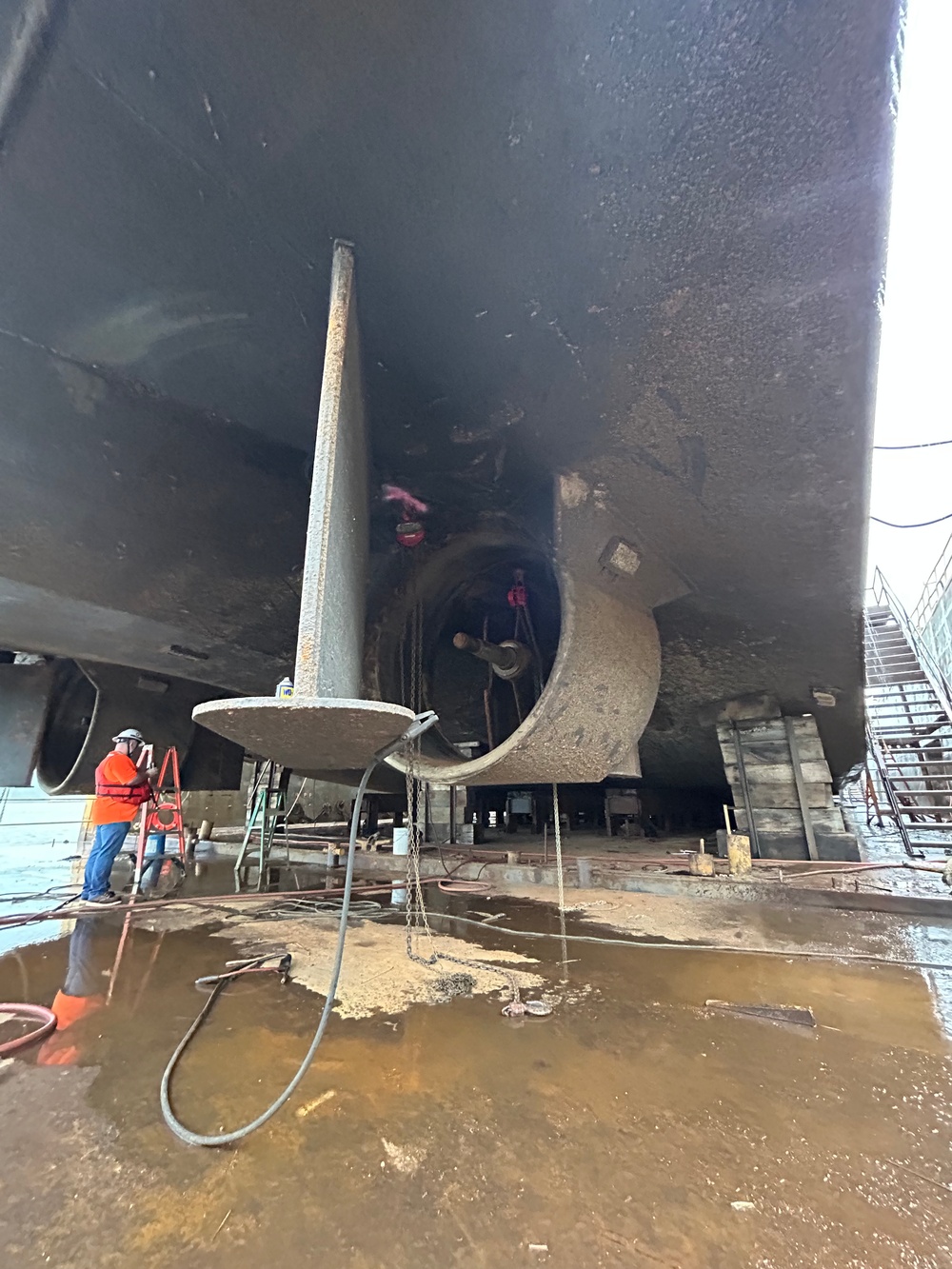 Dredge Potter rear propeller inspection while in dry dock at National Maintenance and Repair in Hartford, Illinois.