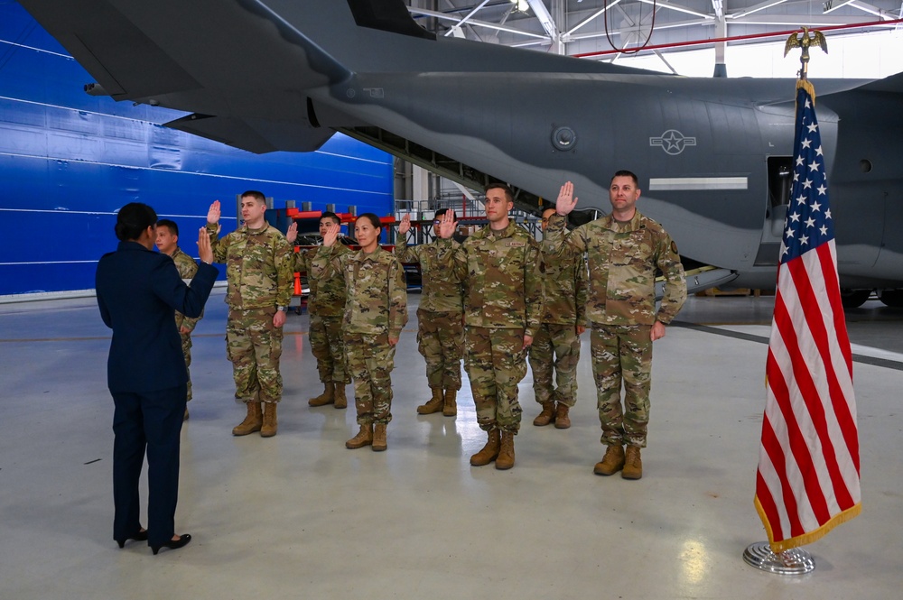 Airmen reenlist at the 129th Rescue Wing