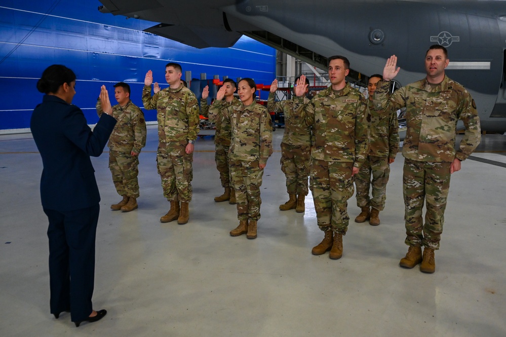 Airmen reenlist at the 129th Rescue Wing