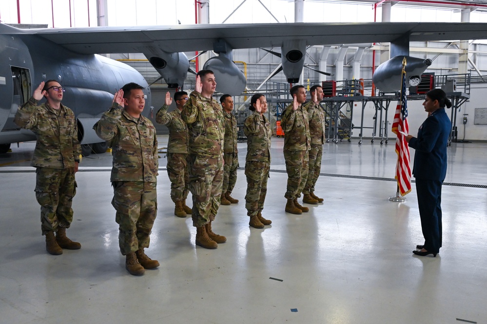 Airmen reenlist at the 129th Rescue Wing