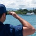 U.S. Coast Guard Cutter Stratton crew members prepare to depart Honolulu