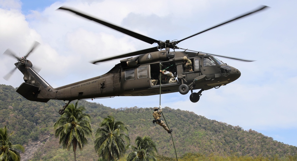 Multinational special operations forces conduct fast-rope insertion training during TRADEWINDS 25