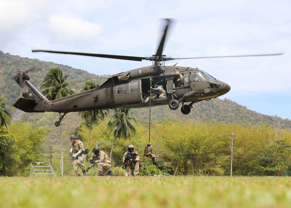 Multinational special operations forces conduct fast-rope insertion training during TRADEWINDS 25