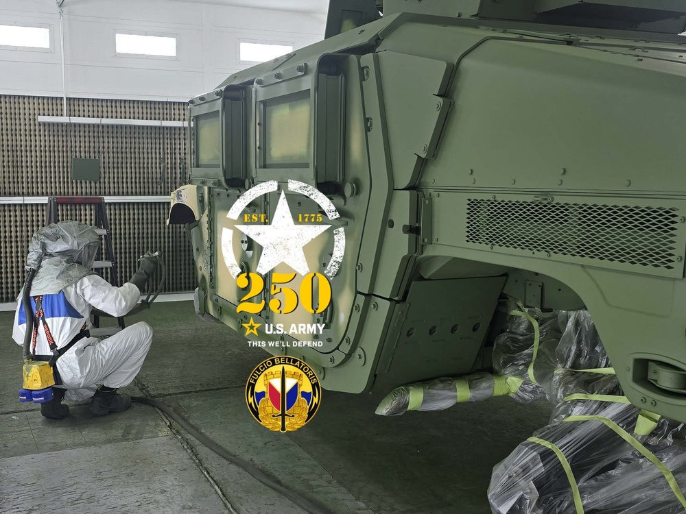LRC Benelux autobody tech transforms APS-2 gear from tan to green on Army’s 250th