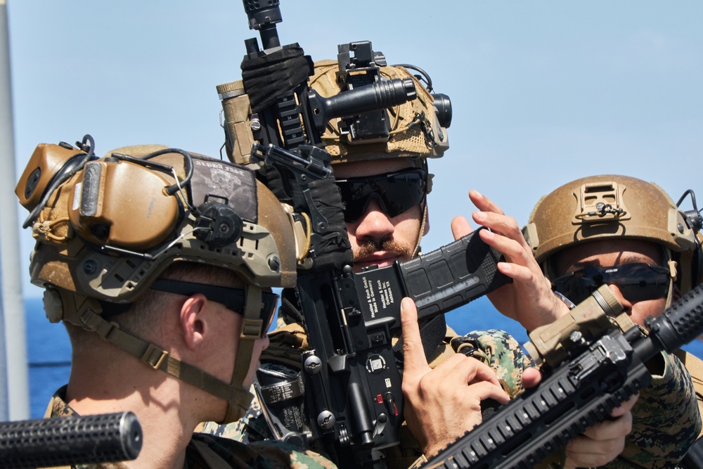 U.S. Marines with FAST Company Europe conduct weapon manipulation drills aboard the USS Mount Whitney