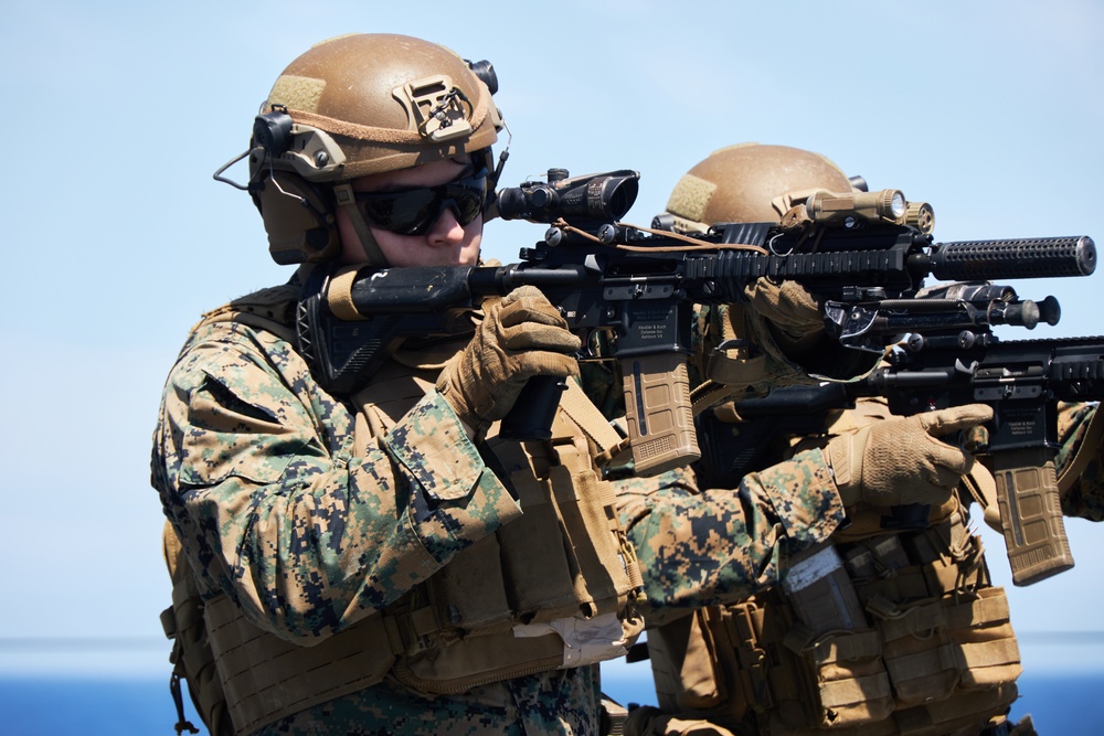 U.S. Marines with FAST Company Europe conduct weapon manipulation drills aboard the USS Mount Whitney