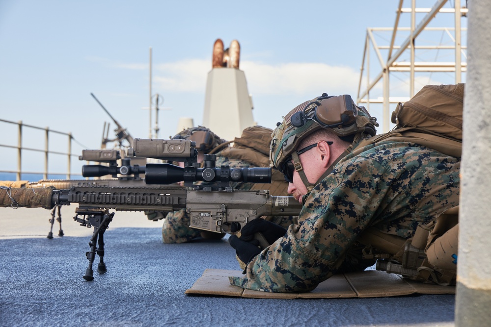 U.S. Marines with FAST Company Europe conduct weapon manipulation drills aboard the USS Mount Whitney
