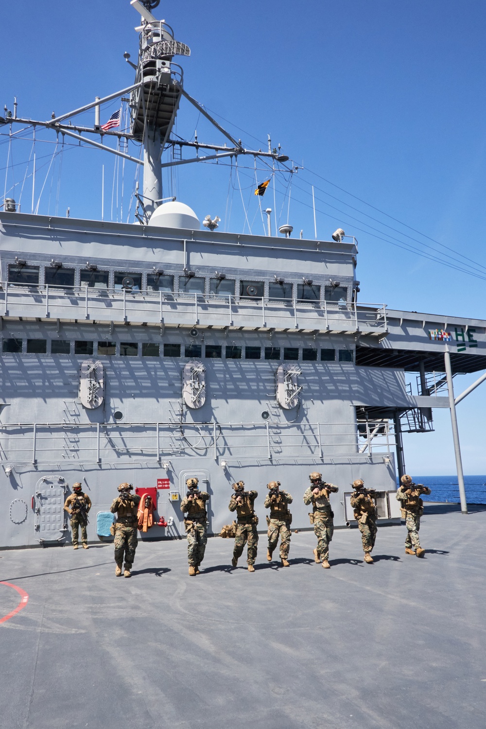U.S. Marines with FAST Company Europe conduct weapon manipulation drills aboard the USS Mount Whitney