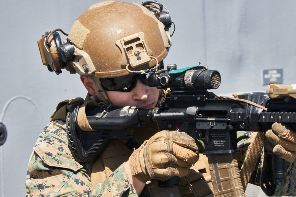 U.S. Marines with FAST Company Europe conduct weapon manipulation drills aboard the USS Mount Whitney
