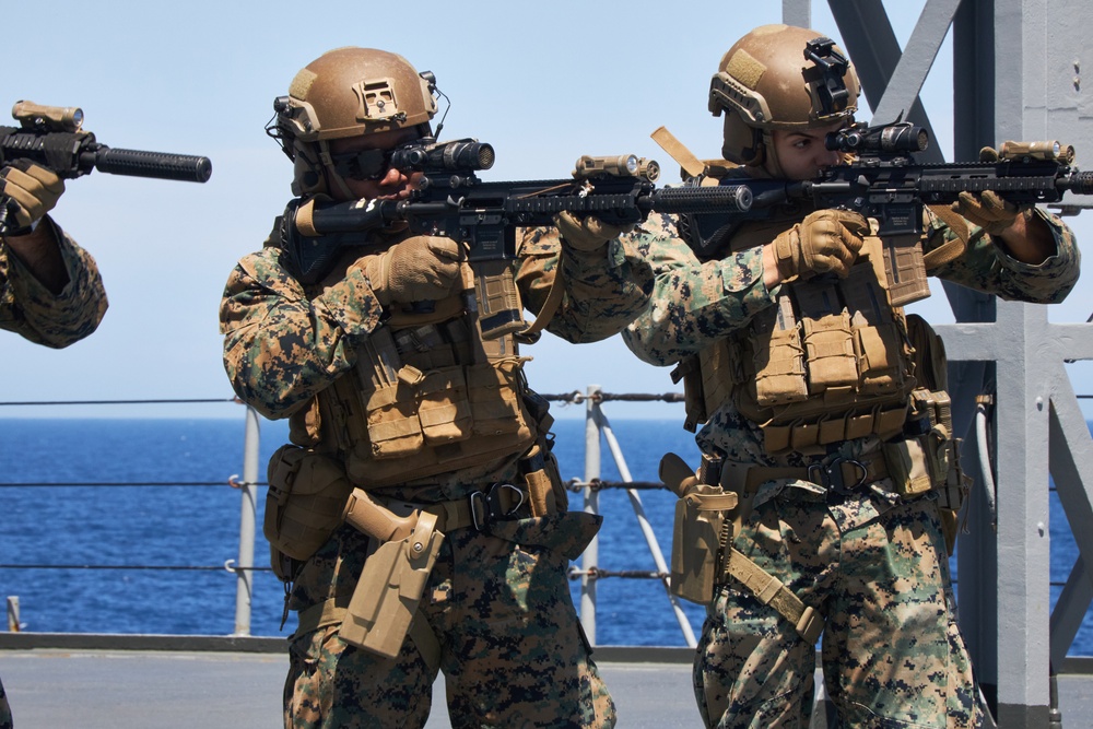 U.S. Marines with FAST Company Europe conduct weapon manipulation drills aboard the USS Mount Whitney