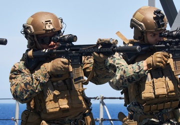 U.S. Marines with FAST Company Europe conduct weapon manipulation drills aboard the USS Mount Whitney