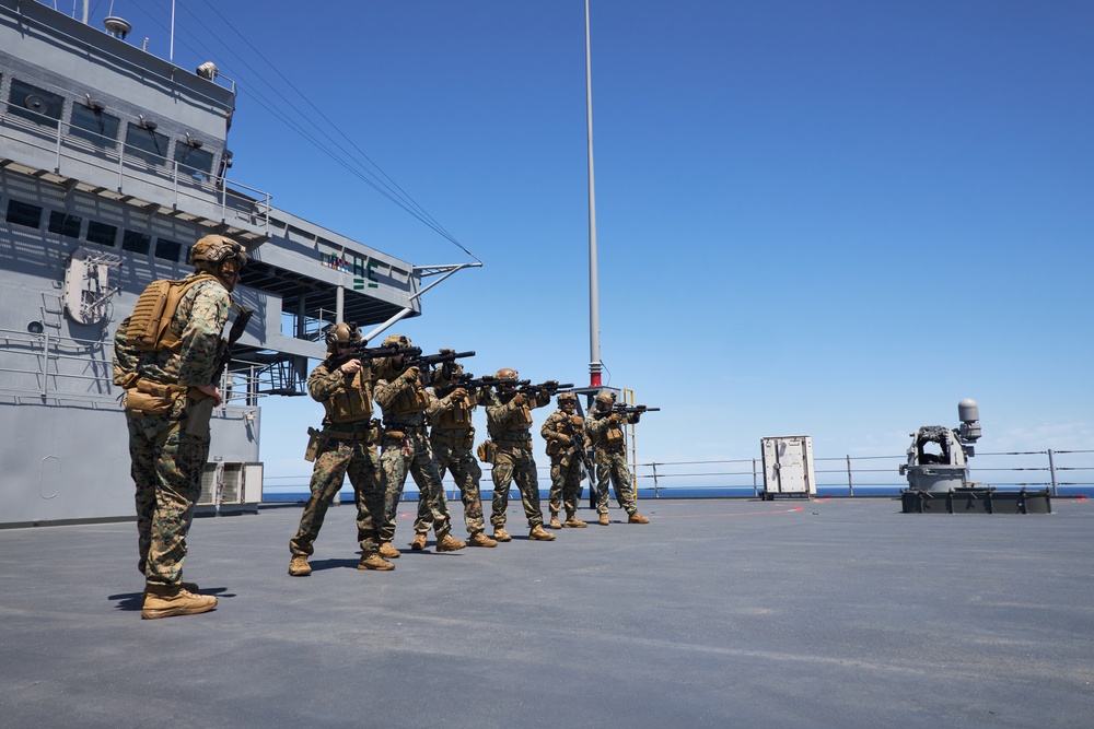 U.S. Marines with FAST Company Europe conduct weapon manipulation drills aboard the USS Mount Whitney