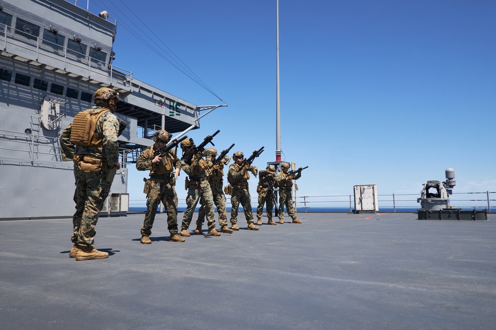 U.S. Marines with FAST Company Europe conduct weapon manipulation drills aboard the USS Mount Whitney