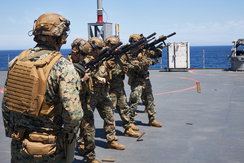 U.S. Marines with FAST Company Europe conduct weapon manipulation drills aboard the USS Mount Whitney