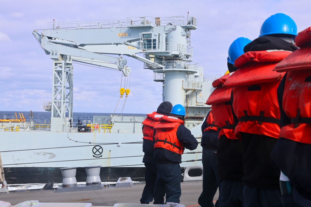 U.S. Navy Sailors heave in the phone and distance line from the Royal Canadian Navy replenishment oiler MV Asterix