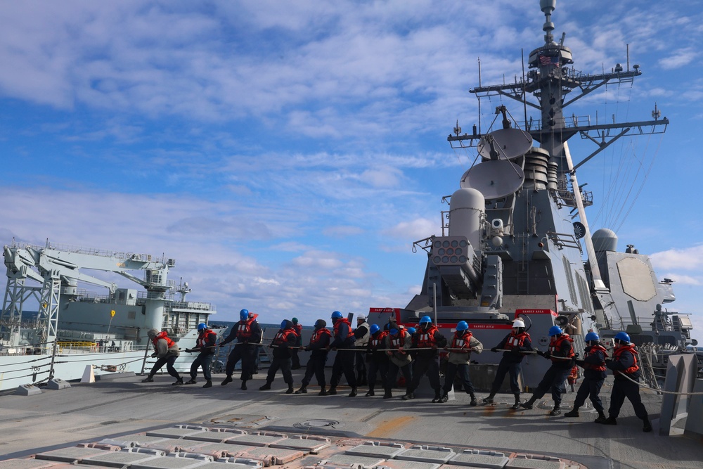 U.S. Navy Sailors heave in the phone and distance (P&amp;D) line from the Royal Canadian Navy replenishment oiler MV Asterix