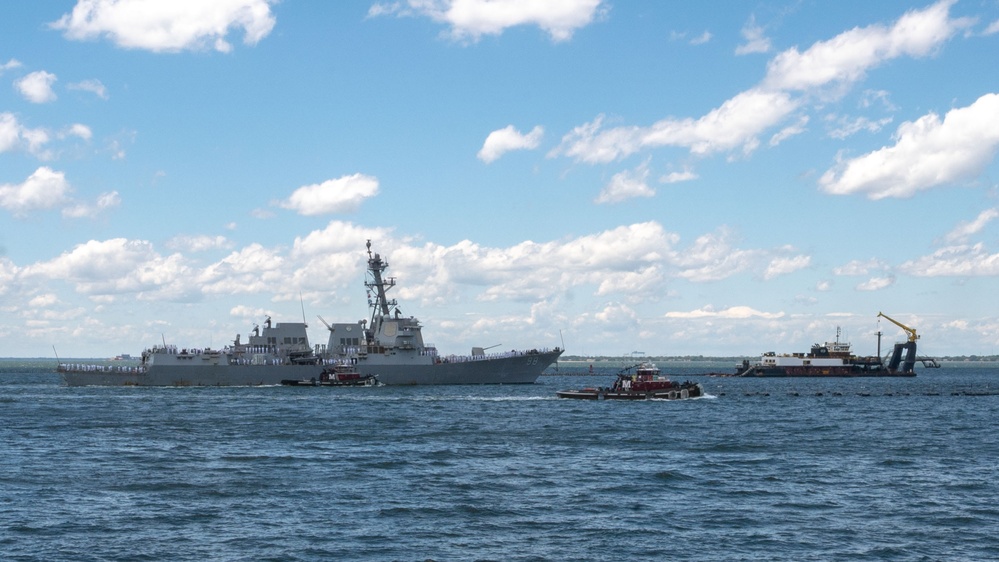 Arleigh Burke-class guided missile destroyer USS Forrest Sherman (DDG 98) departs from Naval Station