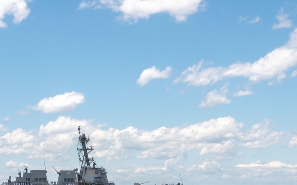 Arleigh Burke-class guided missile destroyer USS Forrest Sherman (DDG 98) departs from Naval Station