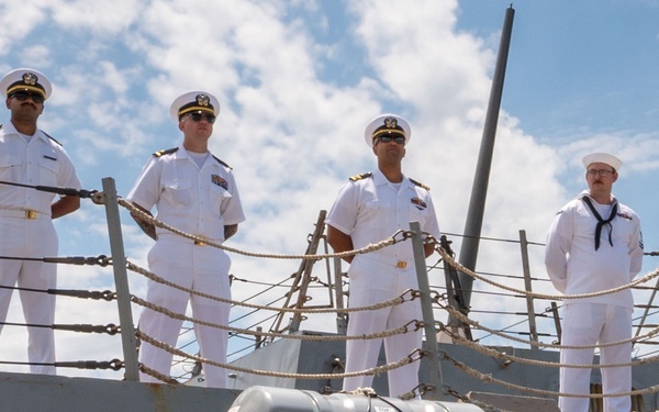 Arleigh Burke-class guided missile destroyer USS Forrest Sherman (DDG 98) departs from Naval Station
