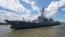 Arleigh Burke-class guided missile destroyer USS Forrest Sherman (DDG 98) departs from Naval Station