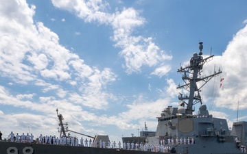 Arleigh Burke-class guided missile destroyer USS Forrest Sherman (DDG 98) departs from Naval Station