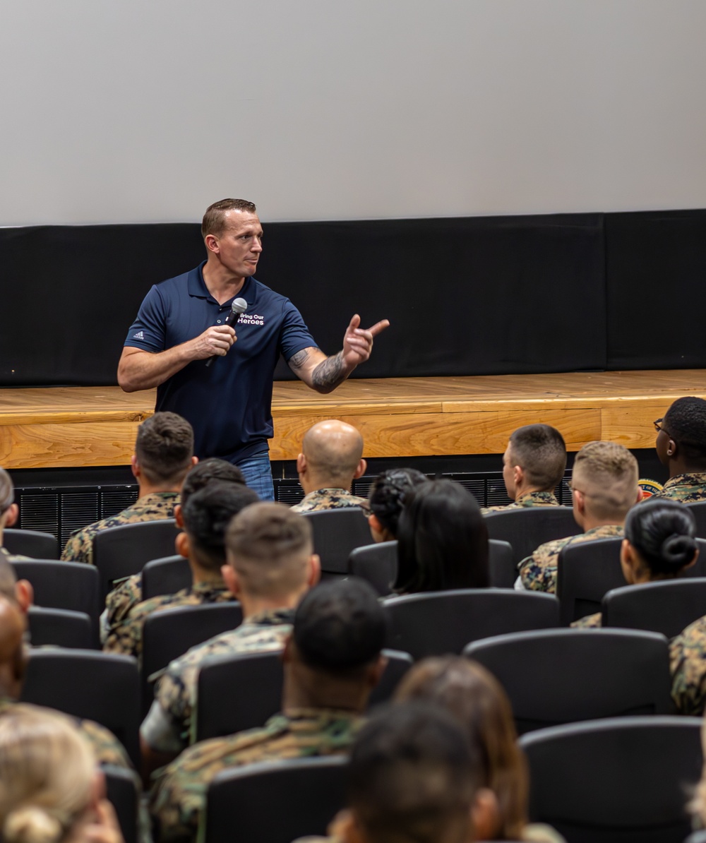 Medal of Honor recipient, U.S. Marine Corps Sgt. Dakota Meyer, speaks with Marines and sailors with Marine Corps Recruit Depot Parris Island, South Carolina