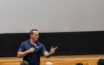 Medal of Honor recipient, U.S. Marine Corps Sgt. Dakota Meyer, speaks with Marines and sailors with Marine Corps Recruit Depot Parris Island, South Carolina