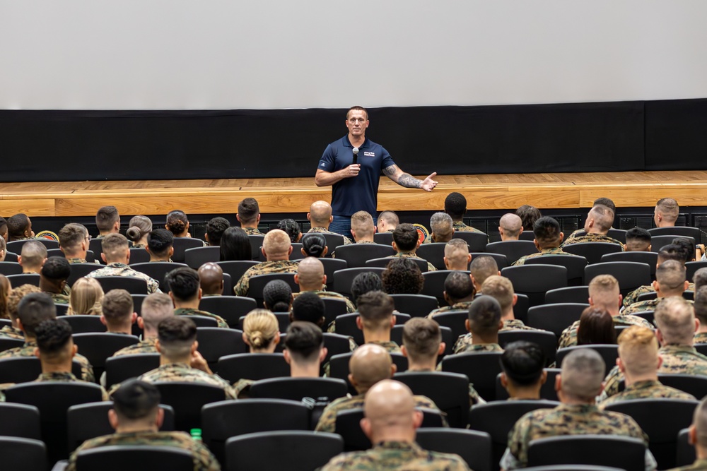 Medal of Honor recipient, U.S. Marine Corps Sgt. Dakota Meyer, speaks with Marines and sailors with Marine Corps Recruit Depot Parris Island, South Carolina