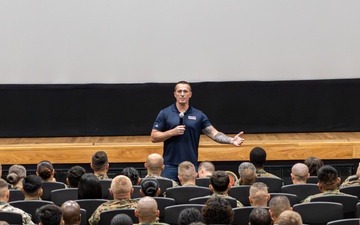 Medal of Honor recipient, U.S. Marine Corps Sgt. Dakota Meyer, speaks with Marines and sailors with Marine Corps Recruit Depot Parris Island, South Carolina