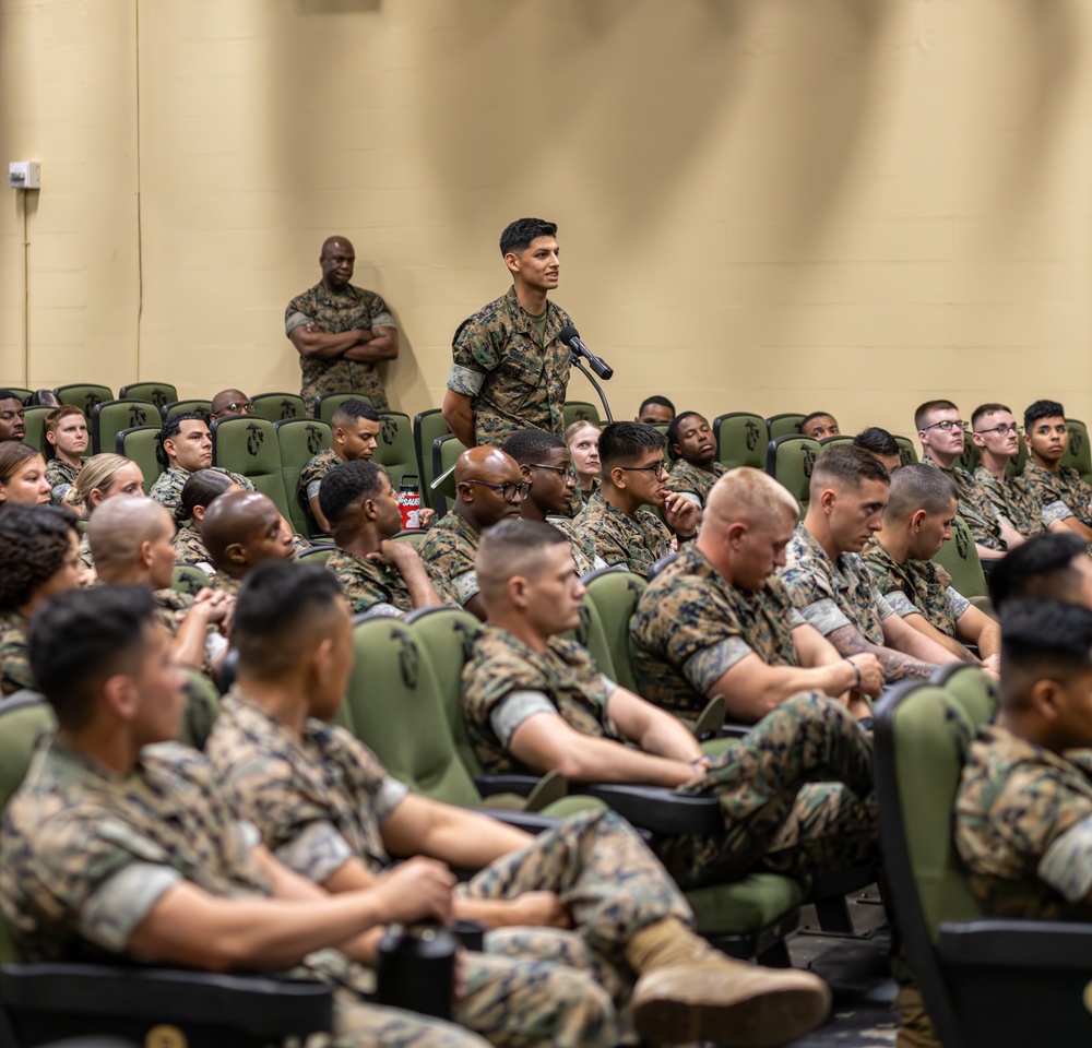 Medal of Honor recipient, U.S. Marine Corps Sgt. Dakota Meyer, speaks with Marines and sailors with Marine Corps Recruit Depot Parris Island, South Carolina