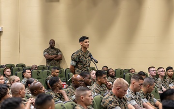 Medal of Honor recipient, U.S. Marine Corps Sgt. Dakota Meyer, speaks with Marines and sailors with Marine Corps Recruit Depot Parris Island, South Carolina