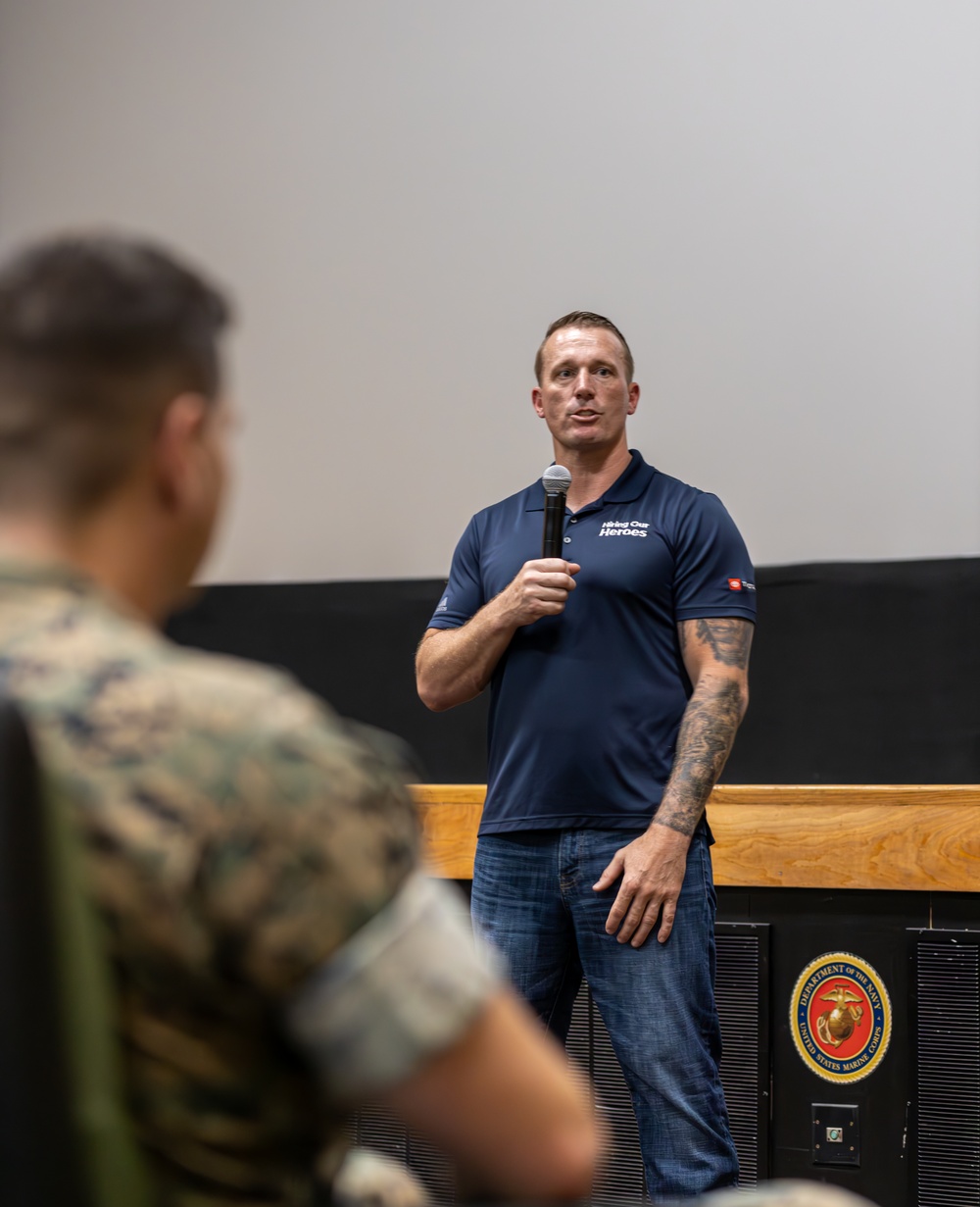 Medal of Honor recipient, U.S. Marine Corps Sgt. Dakota Meyer, speaks with Marines and sailors with Marine Corps Recruit Depot Parris Island, South Carolina