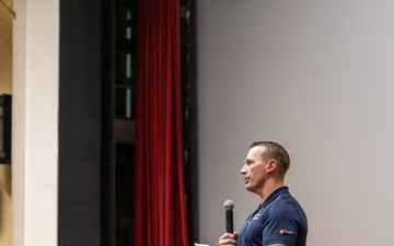 Medal of Honor recipient, U.S. Marine Corps Sgt. Dakota Meyer, speaks with Marines and sailors with Marine Corps Recruit Depot Parris Island, South Carolina