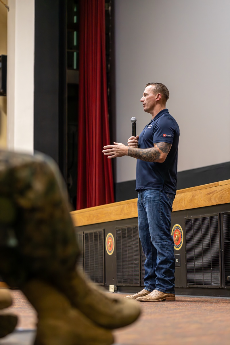 Medal of Honor recipient, U.S. Marine Corps Sgt. Dakota Meyer, speaks with Marines and sailors with Marine Corps Recruit Depot Parris Island, South Carolina