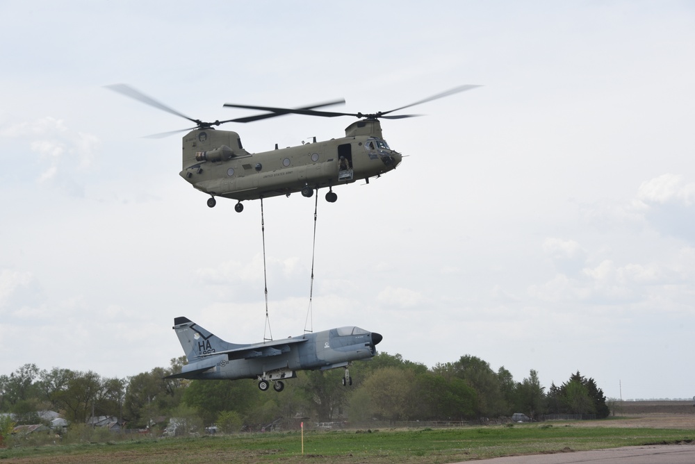 Chinook helicopter transfers A-7 Corsair
